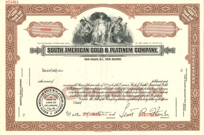 South American Gold and Platinum Co. - Specimen Stock Certicate